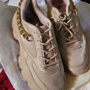 Women's Beige Sneakers with Gold Chain